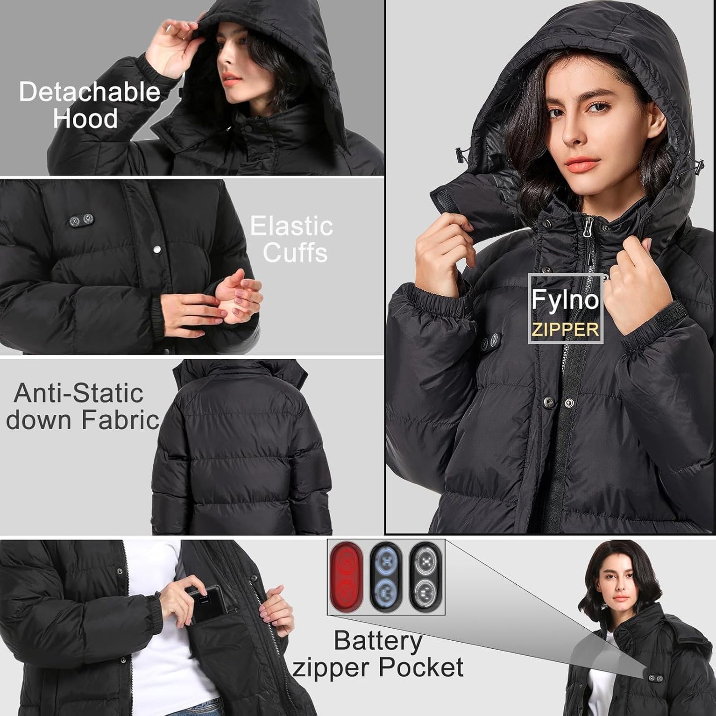 Women's heated hoodie style jacket worn by model demonstrating fit