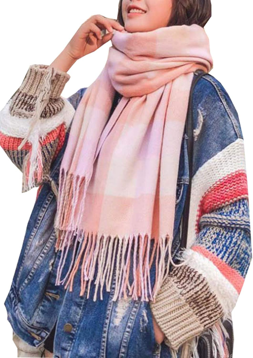 Wander Agio Women'S Fashion Scarves Long Shawl Winter Thick Warm Knit Large Plaid Scarf
