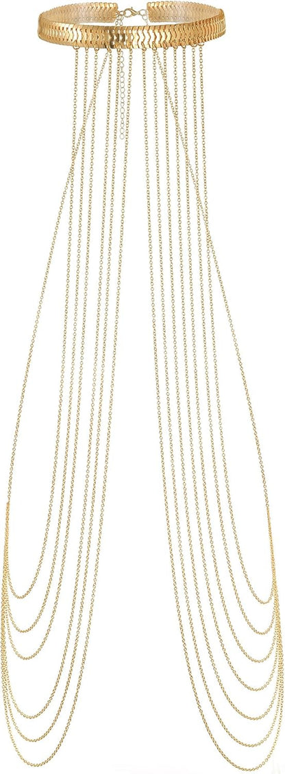 Harness Body Chain Sexy Layered Tassel Belly Waist Chain Necklace Boho Hot Bikini Nightclub Party Beach Body Jewelry for Women and Ladies Gold Tone