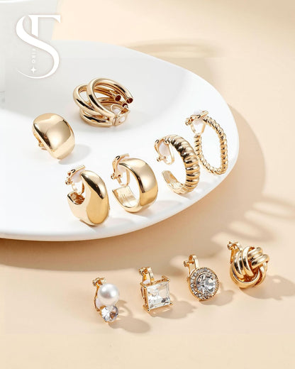 FIBO STEEL 10 Pairs Clip on Earrings for Women Non Pierced Ears CZ Pearl Knot Twist Chunky Hoop and Studs Earring Set Ear Clips Jewelry 14K Gold Plated