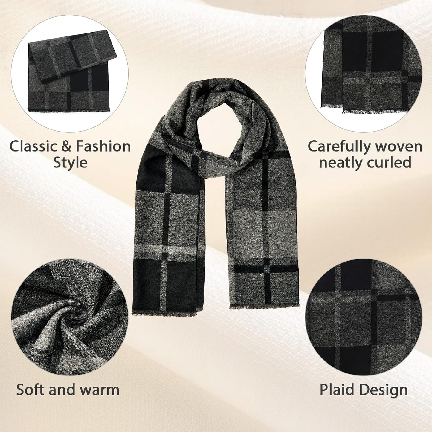 American Trends Mens Winter Warm Long Soft Scarf Plaid Tassel Scarf for Men Soft Classic Scarves