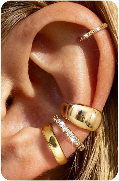 𝟒𝐏𝐚𝐢𝐫𝐬 14K Gold Plated Ear Cuff Earrings for Women Non Piercing - Hypoallergenic Ear Cuffs 14K Silver/Gold Plated Non Tarnish Clip on Cartilage Earrings Fake Earring Set Trendy Jewelry