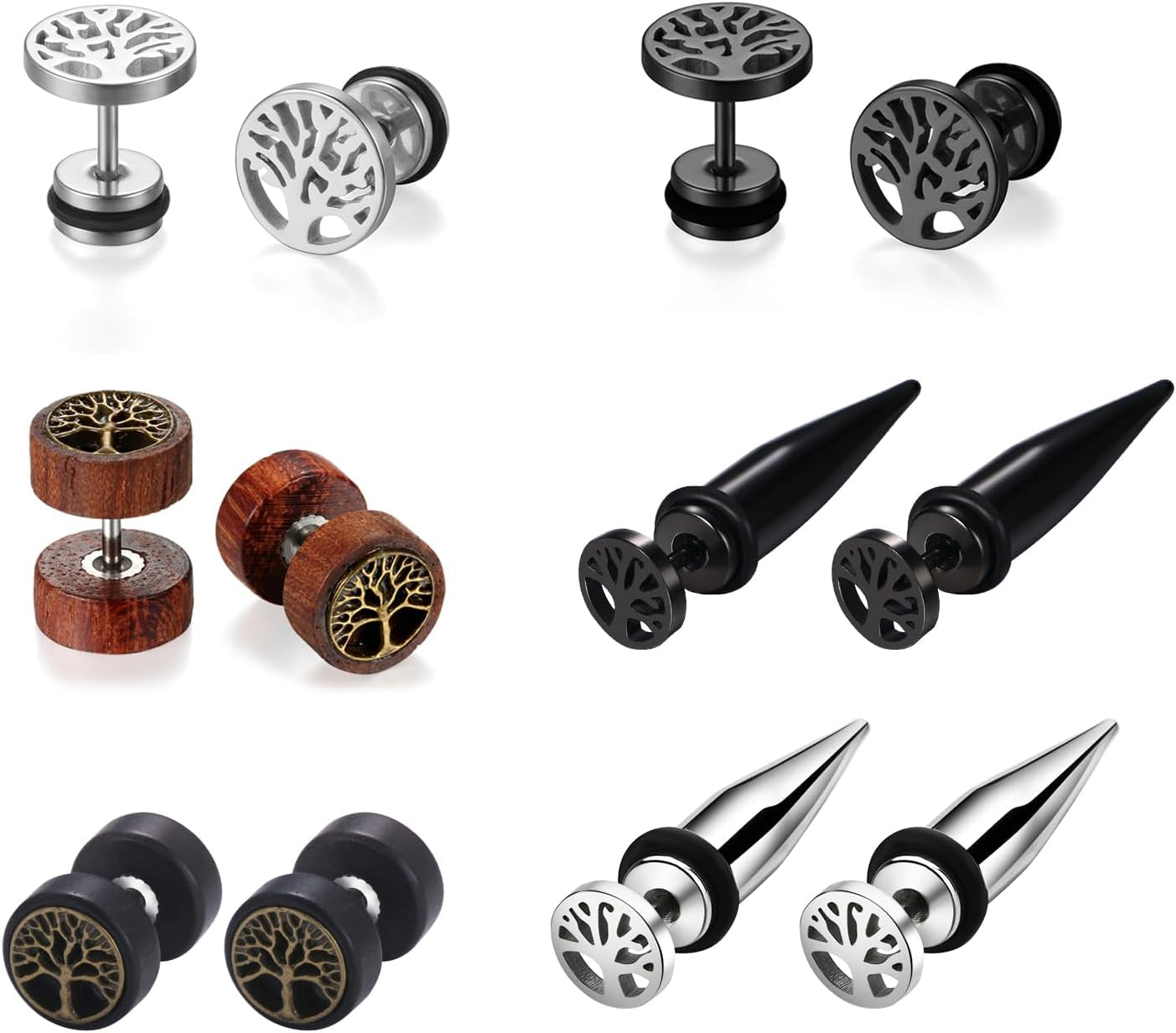 Aroncent 6 Pairs 4-14Mm Black Earrings for Men Women Fake Gauges Fake Earrings Stainless Steel Earrings Set