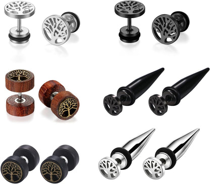 Aroncent 6 Pairs 4-14Mm Black Earrings for Men Women Fake Gauges Fake Earrings Stainless Steel Earrings Set