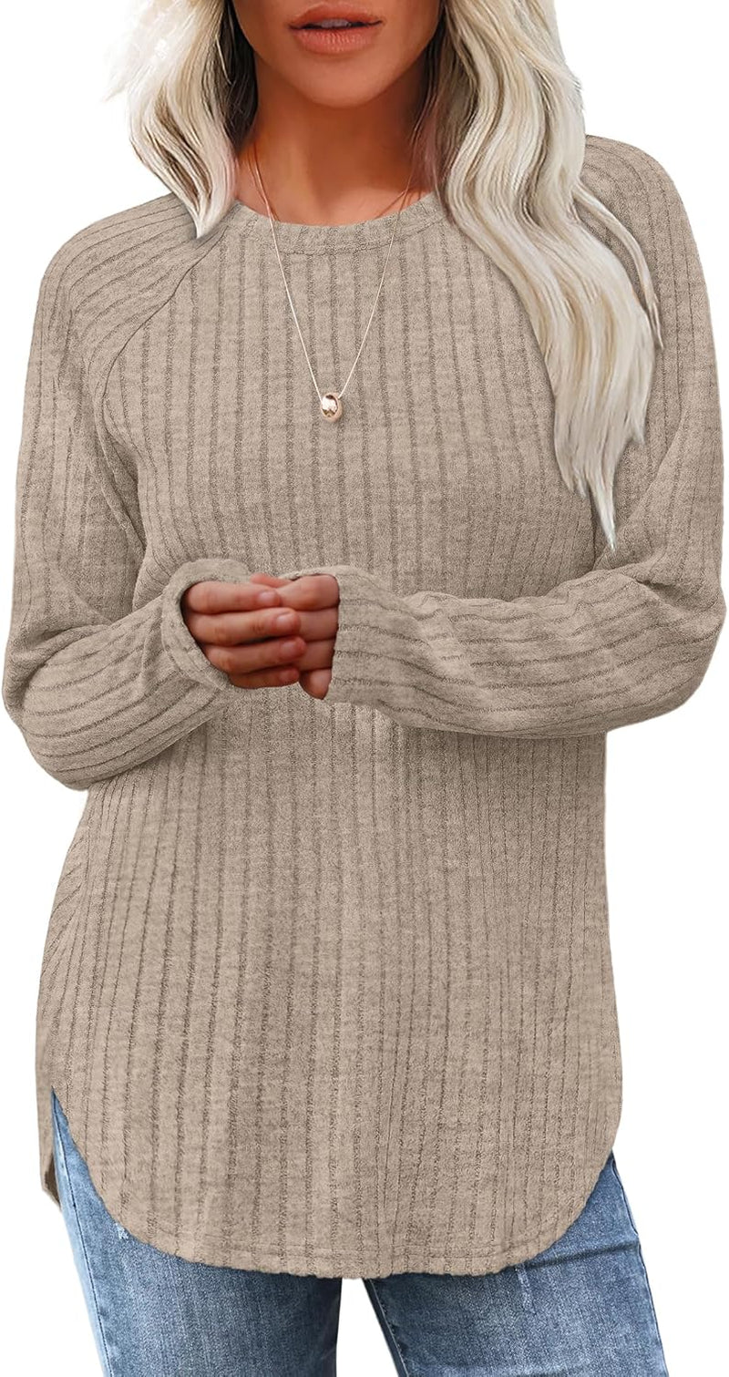 Saloogoe Long Sleeve Shirts for Women Tunic Tops for Women Loose Fit Dressy Crew Neck Pullover Basic Sweaters for Women 2024