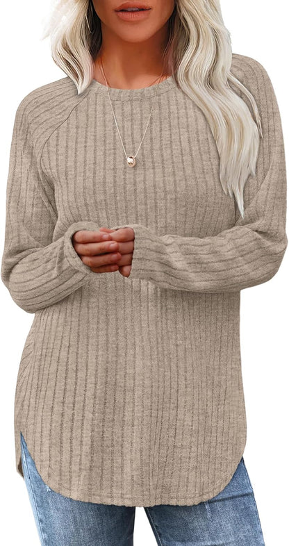 Saloogoe Long Sleeve Shirts for Women Tunic Tops for Women Loose Fit Dressy Crew Neck Pullover Basic Sweaters for Women 2024