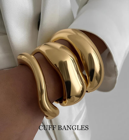Dainty gold cuff bangles for women stacked