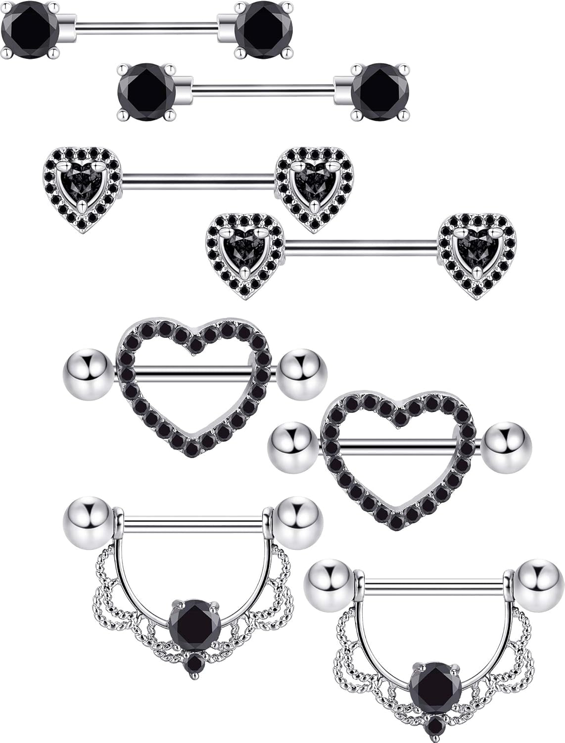 Tatuo 4 Pairs Stainless Steel Nipple Tongue Rings Piercing Body Jewelry Barbell CZ Heart Shape Rings for Women Girls(Gold Bar and White Zirconia)