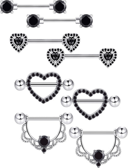 Tatuo 4 Pairs Stainless Steel Nipple Tongue Rings Piercing Body Jewelry Barbell CZ Heart Shape Rings for Women Girls(Gold Bar and White Zirconia)