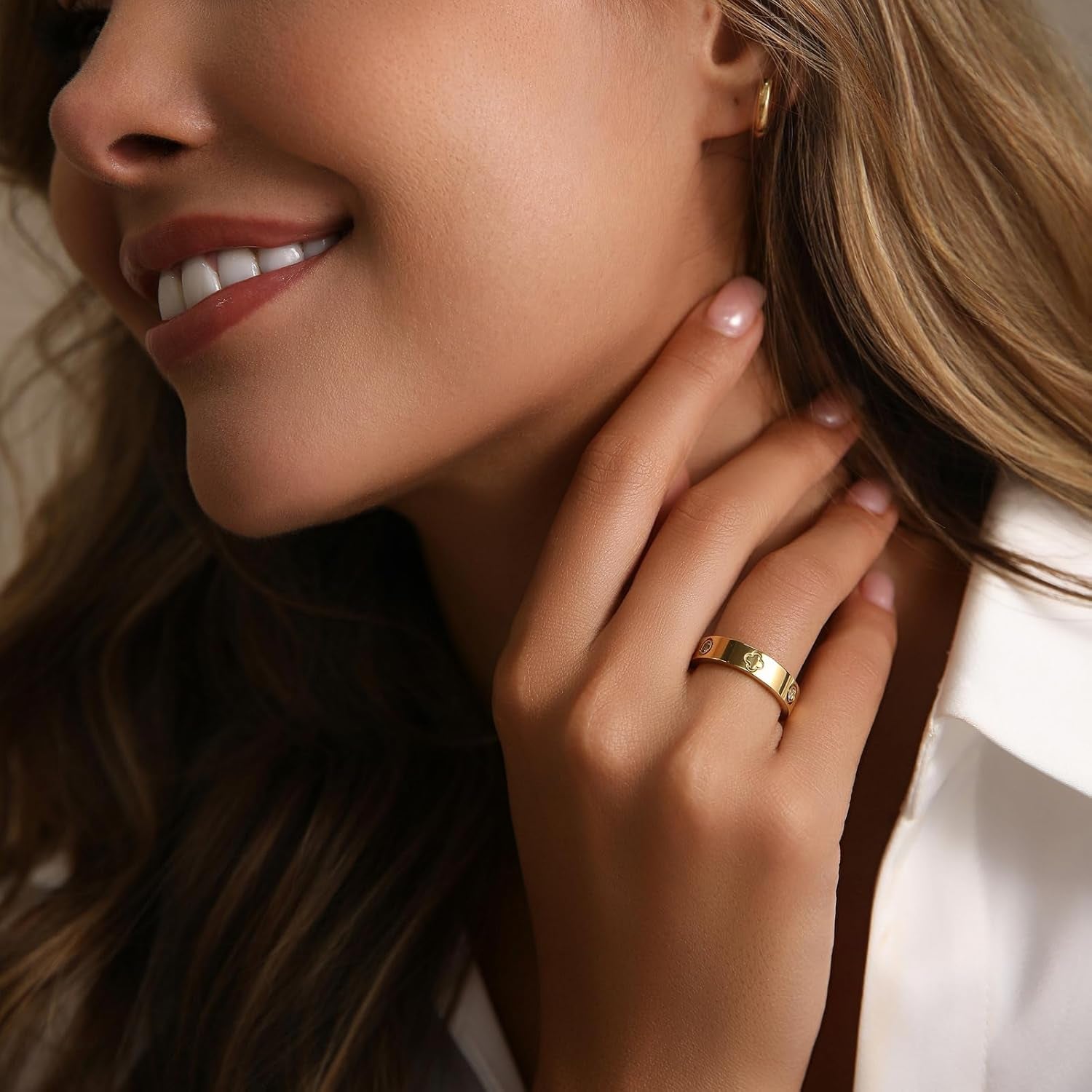 18K Gold Plated Wedding Rings for Women, Cubic Zirconia Clover Promise Ring, Stainless Steel Band Size 5-12, Elegant Jewelry Gifts