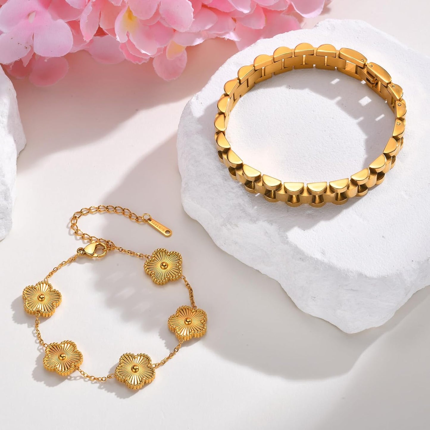 Stackable Gold Floral Bracelets Set , 2Pcs 18K Gold Plated Bracelet Non-Tarnish,Stainless Steel Link Chain Friendship Bracelet,Watch Band Trendy Jewelry,Christmas Valentines Birthday Gifts for Women