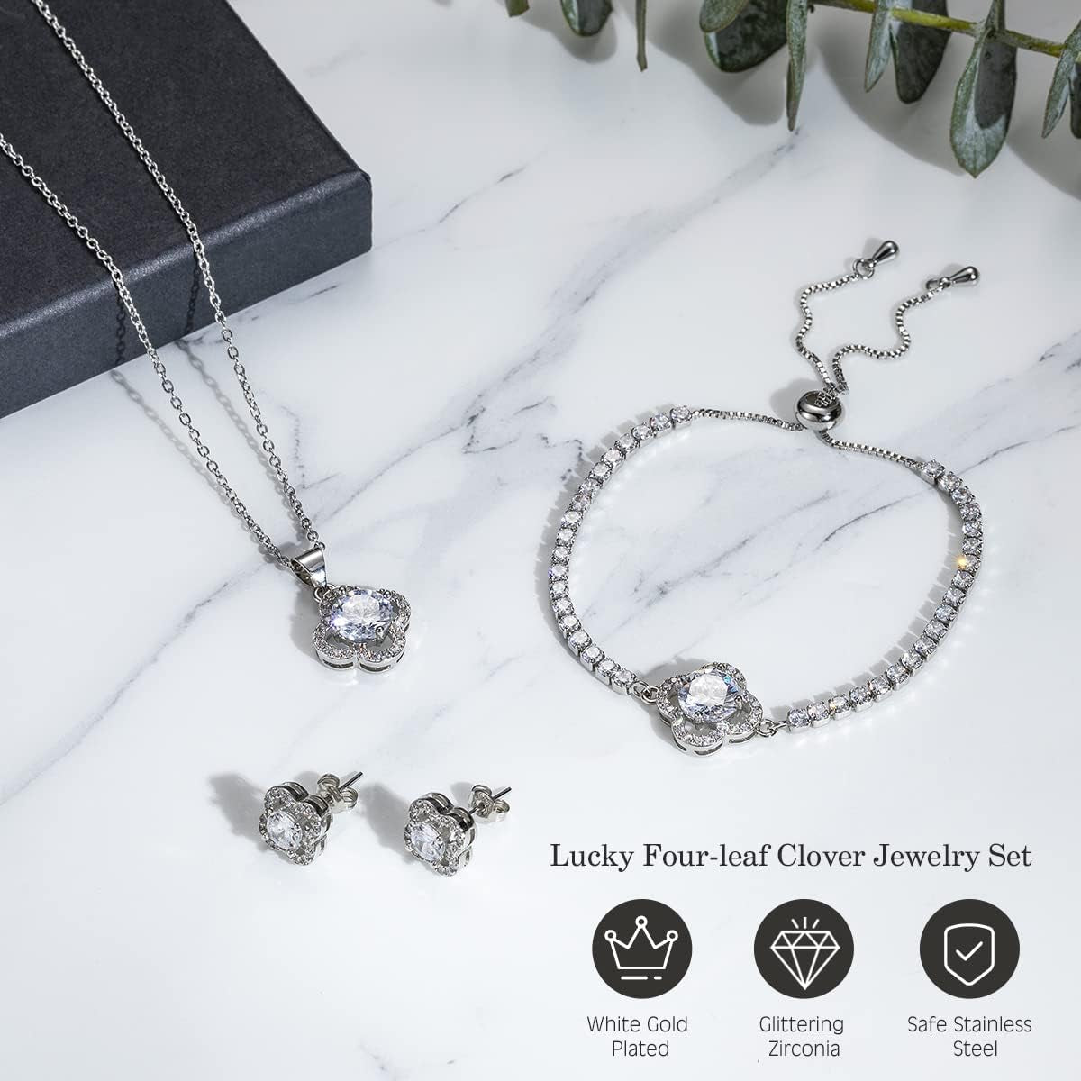 Emibele Lucky Clover Bracelet Necklace Earrings Jewelry Set for Women, Classic 4-Leaf White Gold Plated Bracelet Cubic Zirconia Studs Earrings Good Luck Pendant Necklace Mother’S Day Jewelry Gifts