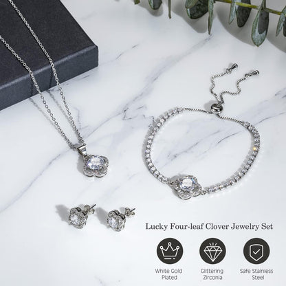 Emibele Lucky Clover Bracelet Necklace Earrings Jewelry Set for Women, Classic 4-Leaf White Gold Plated Bracelet Cubic Zirconia Studs Earrings Good Luck Pendant Necklace Mother’S Day Jewelry Gifts