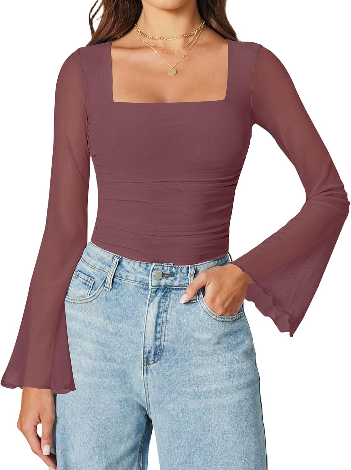 Avidlove Bodysuits for Women Long Bell Sleeve Mesh Square Neck Body Suits Going Out Tops Country Concert Outfits