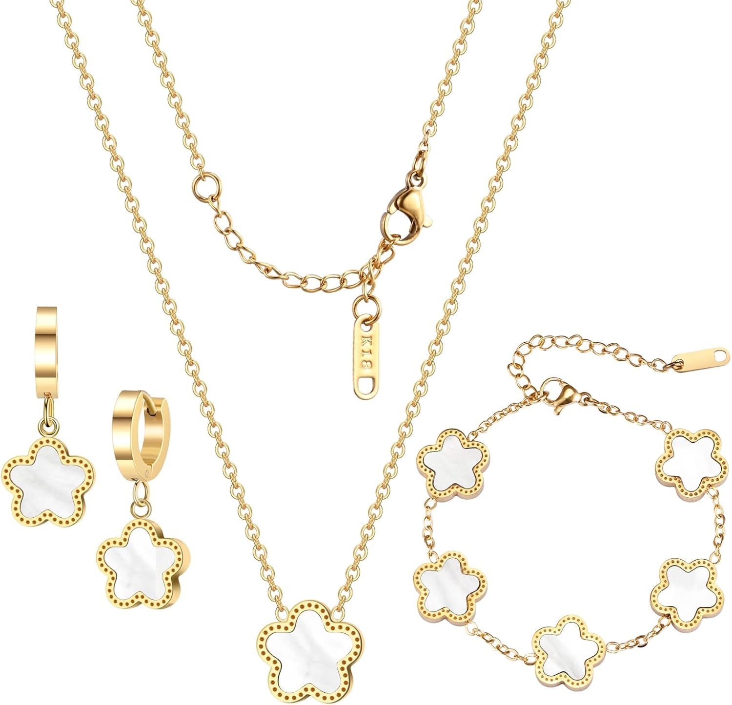 Lucky Clover Jewelry Set 18K Gold Plated Five Leaf Clover Necklace Bracelet Earrings Set Flower Jewelry Sets Birthday Gifts for Women