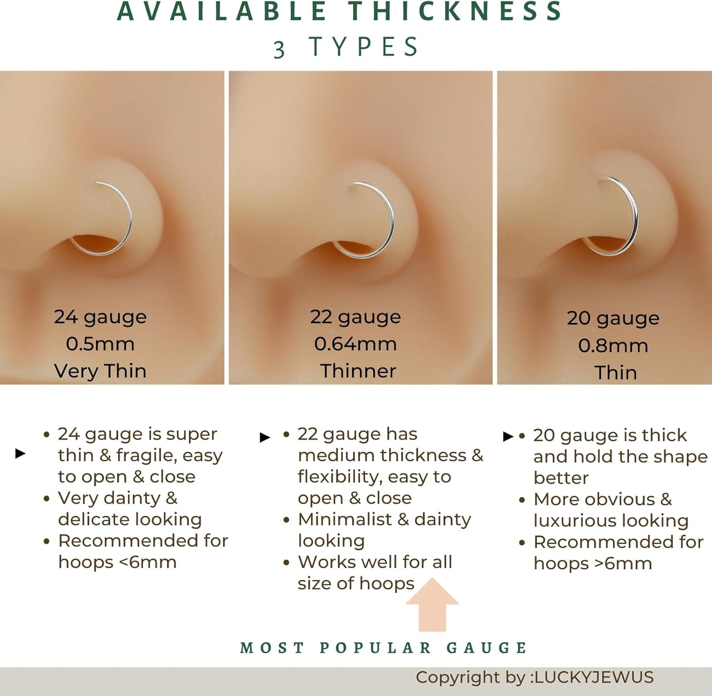 LUCKYJEWUS Small Thin Gold or Sterling Silver Nose Ring Hoop for Women, Tiny Nose Piercing Jewelry