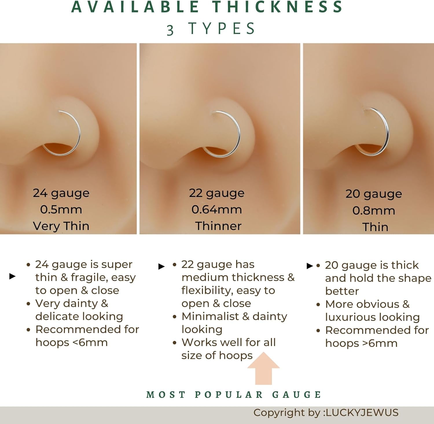 LUCKYJEWUS Small Thin Gold or Sterling Silver Nose Ring Hoop for Women, Tiny Nose Piercing Jewelry