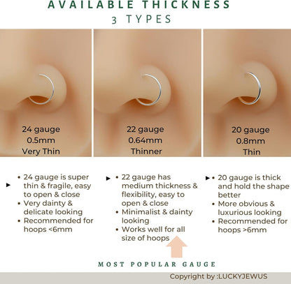 LUCKYJEWUS Small Thin Gold or Sterling Silver Nose Ring Hoop for Women, Tiny Nose Piercing Jewelry