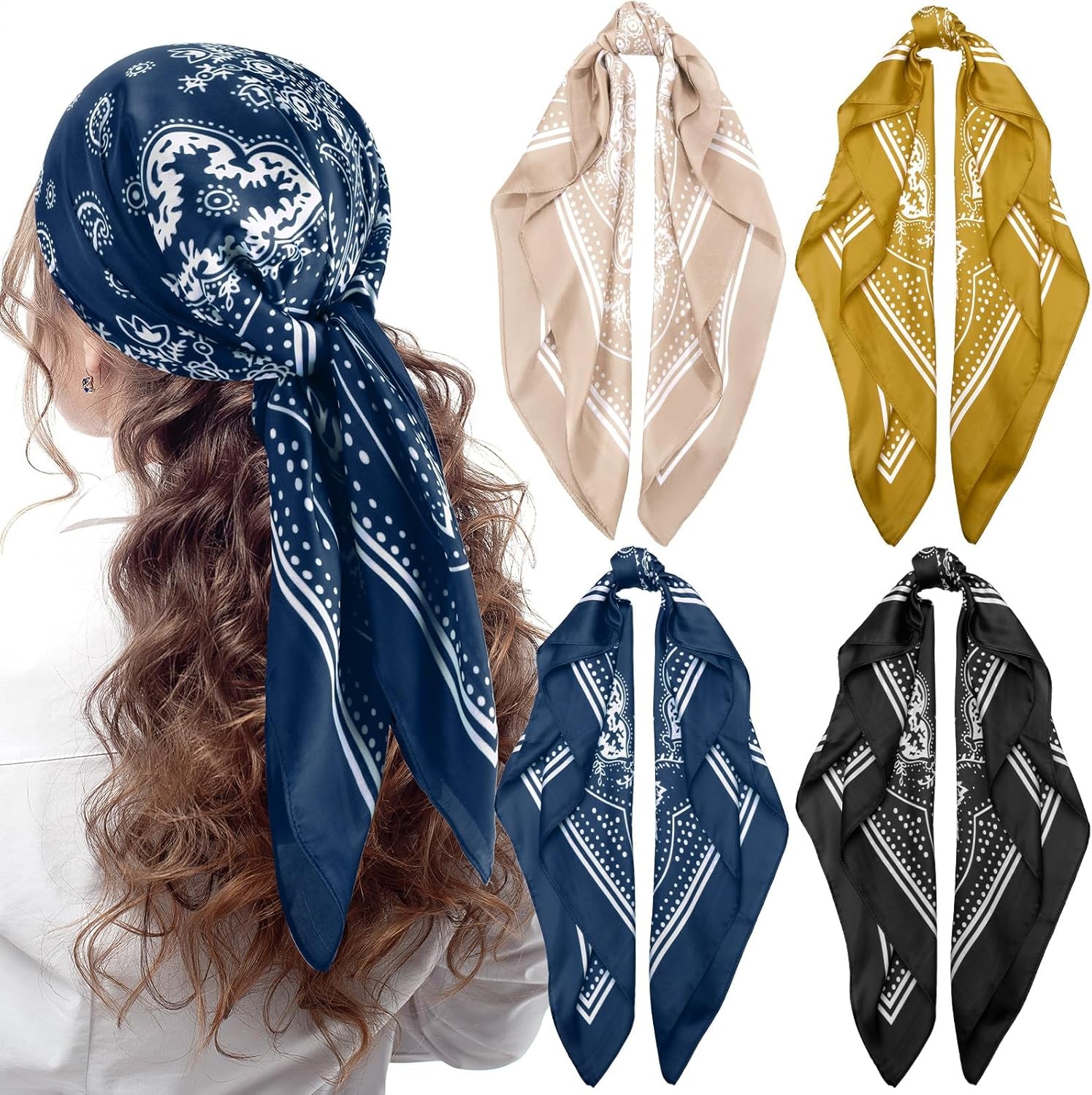 Syhood 4 Pcs 27'' Square Satin Head Scarves Satin Bandanas for Women Halloween Headband Silk Feeling Scarves Boho Headwear