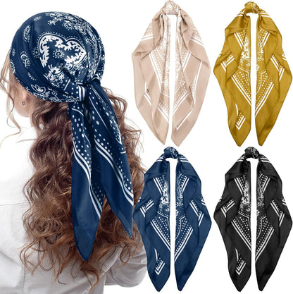 Syhood 4 Pcs 27'' Square Satin Head Scarves Satin Bandanas for Women Halloween Headband Silk Feeling Scarves Boho Headwear