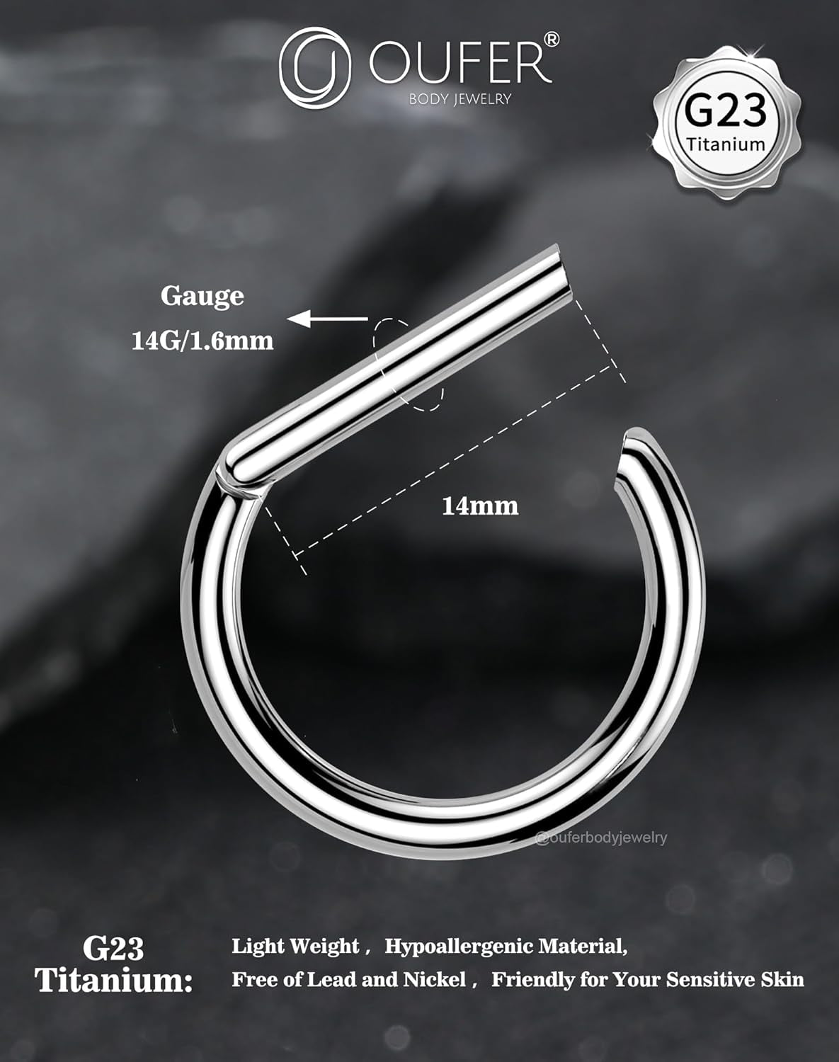 OUFER 2PCS Titanium Nipple Rings, D-Shaped Nipple Piercing Jewelry, 14G Clicker Septum Daith Lightweight Body Piercing Jewelry for Women Men 14MM