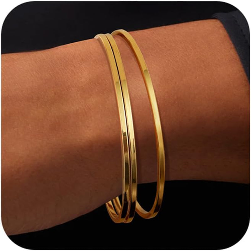 18K Gold Plated Bangles for Women Stainless Steel Glossy Stackable Thin round Bracelets Solid Plain Polished Bangles Bracelets Set of 3 Jewelry for Women