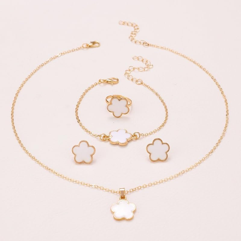 Caiyao Multicolor Five-Leaf Clover Blossom Flower Earrings Necklace Bracelet and Ring Set Lucky Five-Leaf Blossom Flower Jewelry Set for Women