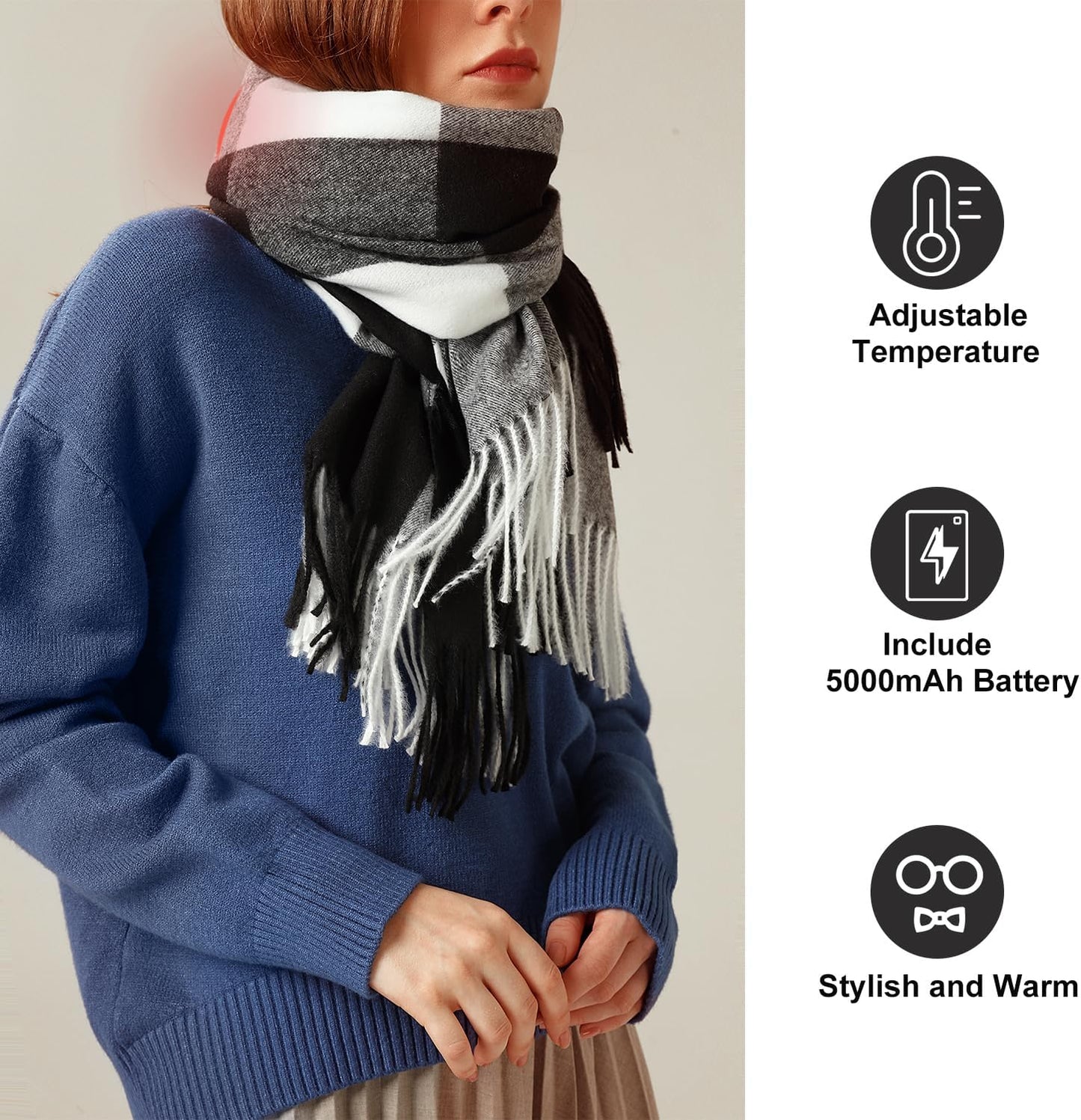 EN'DA Professional Rechargeable Heated Scarf for Women and Men, 3 Levels Temperatures Neck Warmer for Winter Cold Weather, Electric Scarves with Battery