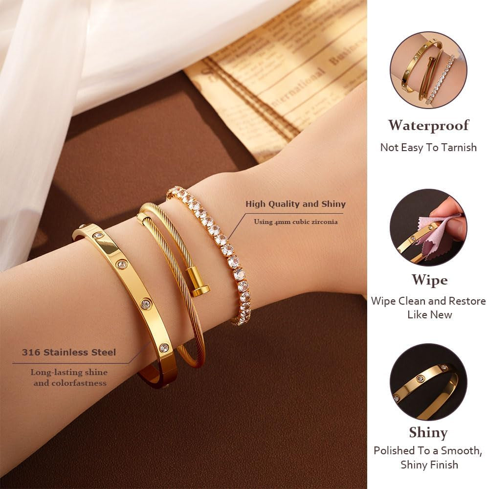 Junvirtuous 3-Pack Gold Bracelets for Women,18K Gold Plated Bangle Tennis Bracelets Stack Set for Women Trendy Non Tarnish Stainless Steel Gold Bangles Accessories Designer Jewelry Pulseras Para Mujer