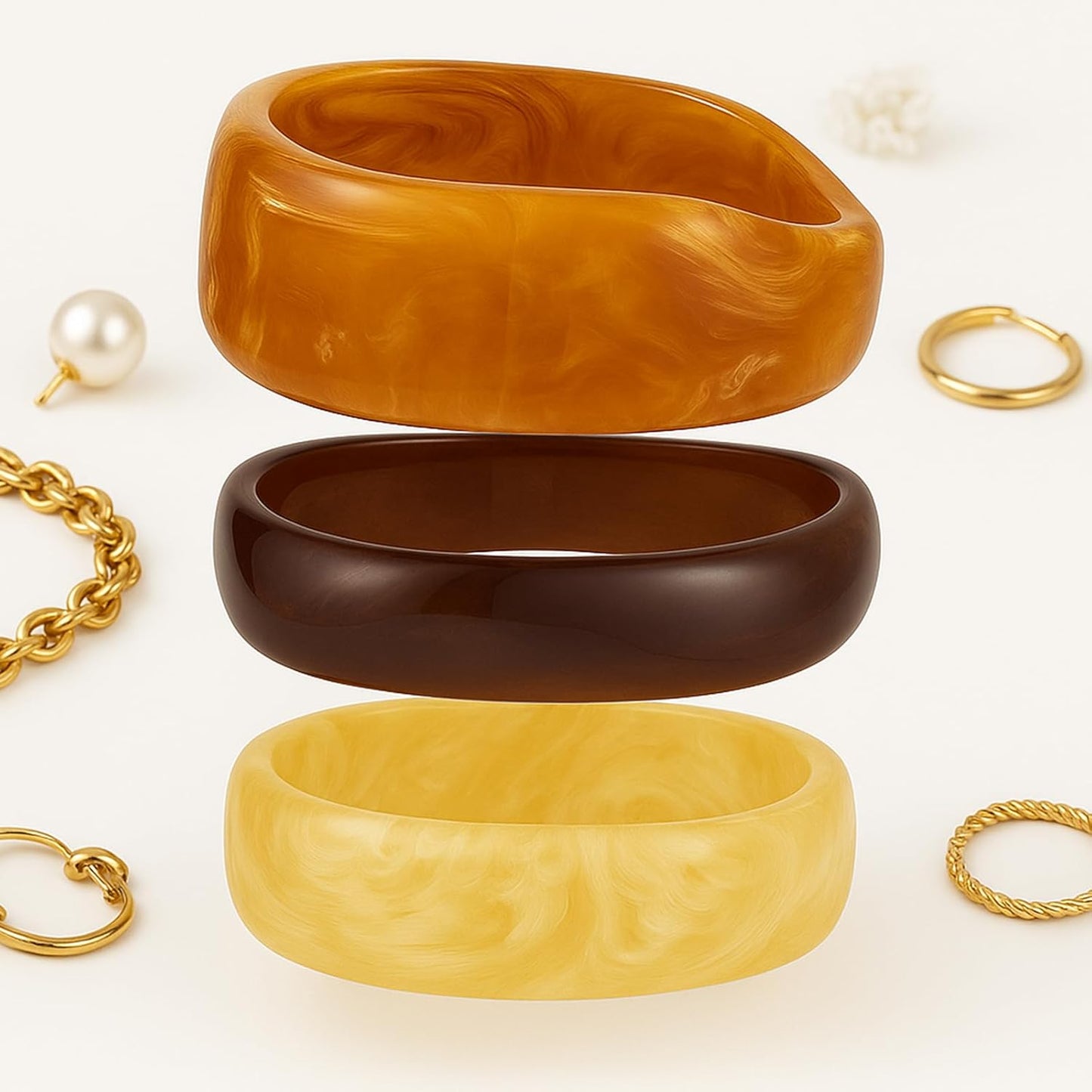 Set of Chunky Acrylic Resin Bangle Bracelets for Women, Retro Brown and Colorful Stackable Bangles, Statement Jewelry Gift