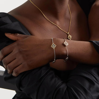 Gold Clover Necklace for Women, Double-Sided Pendant by 18K Gold-Plated Inlaid Natural Stone Pendant Necklace,Turquoise/Malachite/Black Onyx Stone/White Mother of Pearl ,Jewelry Gift for Women