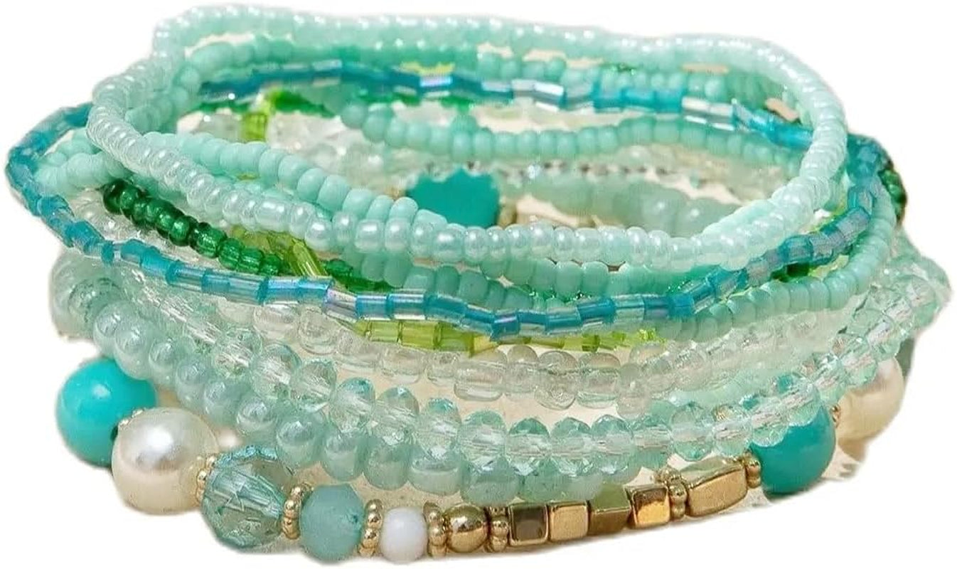 Pingyongchang Bohemian Stackable Bead Bracelets for Women Multilayer Stretch Bangles Bracelet Set Handmade Multicolor Crystal Beaded Bracelets Set Boho Charms Jewelry