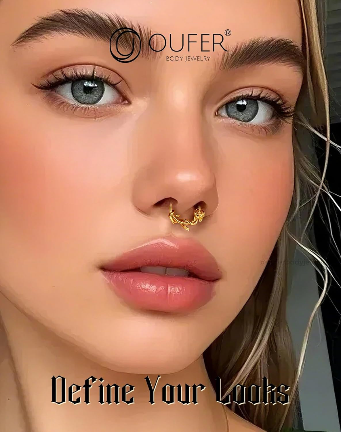 OUFER Flower 16G Gold Septum Rings, 316L Surgical Steel Septum Jewelry, Hinged Clicker Daith Piercing Jewelry, Daith Cartilage Helix Tragus Earring Hoop for Women