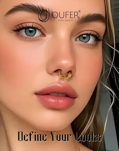 OUFER Flower 16G Gold Septum Rings, 316L Surgical Steel Septum Jewelry, Hinged Clicker Daith Piercing Jewelry, Daith Cartilage Helix Tragus Earring Hoop for Women