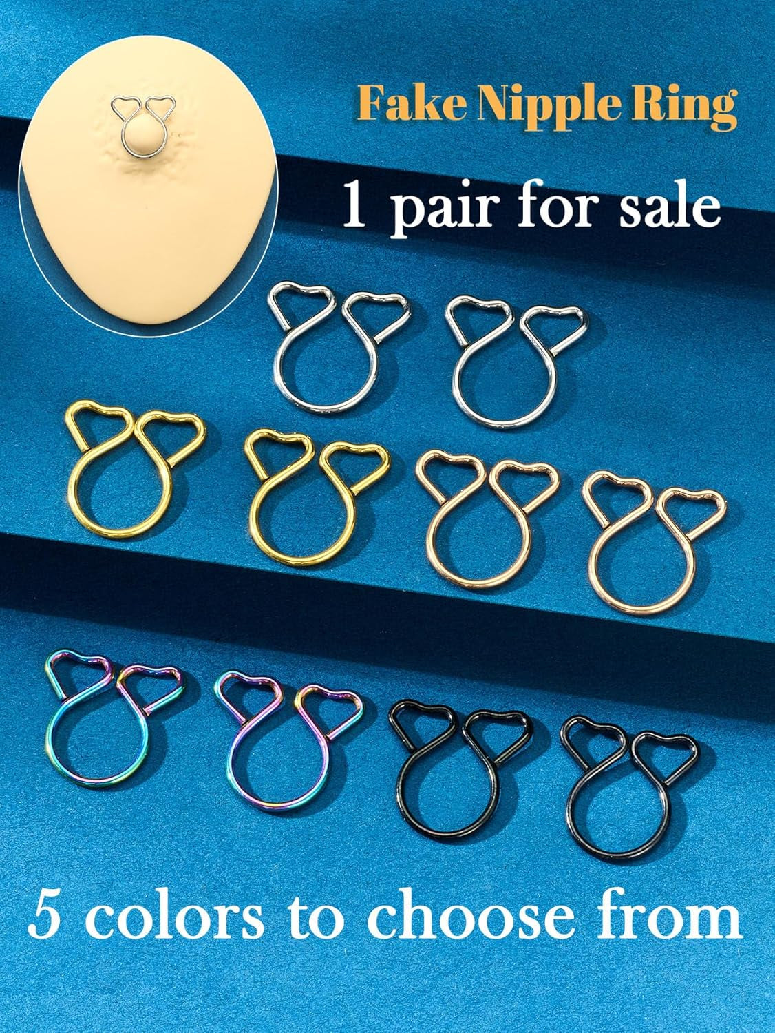 Longita 1Pair Non Piercing Nipple Jewelry Fake Nipple Rings Adjustable Cute Silver Heart Non-Piercing Faux Body Jewelry for Women Men Comfortable Valentine'S Day