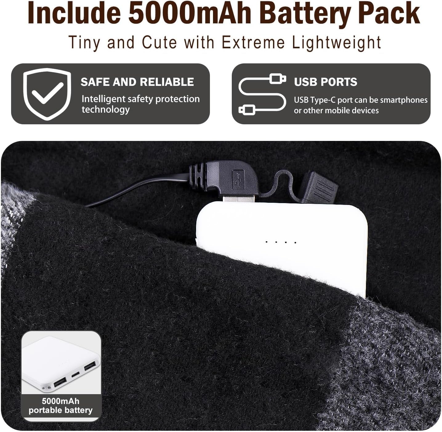 EN'DA Professional Rechargeable Heated Scarf for Women and Men, 3 Levels Temperatures Neck Warmer for Winter Cold Weather, Electric Scarves with Battery
