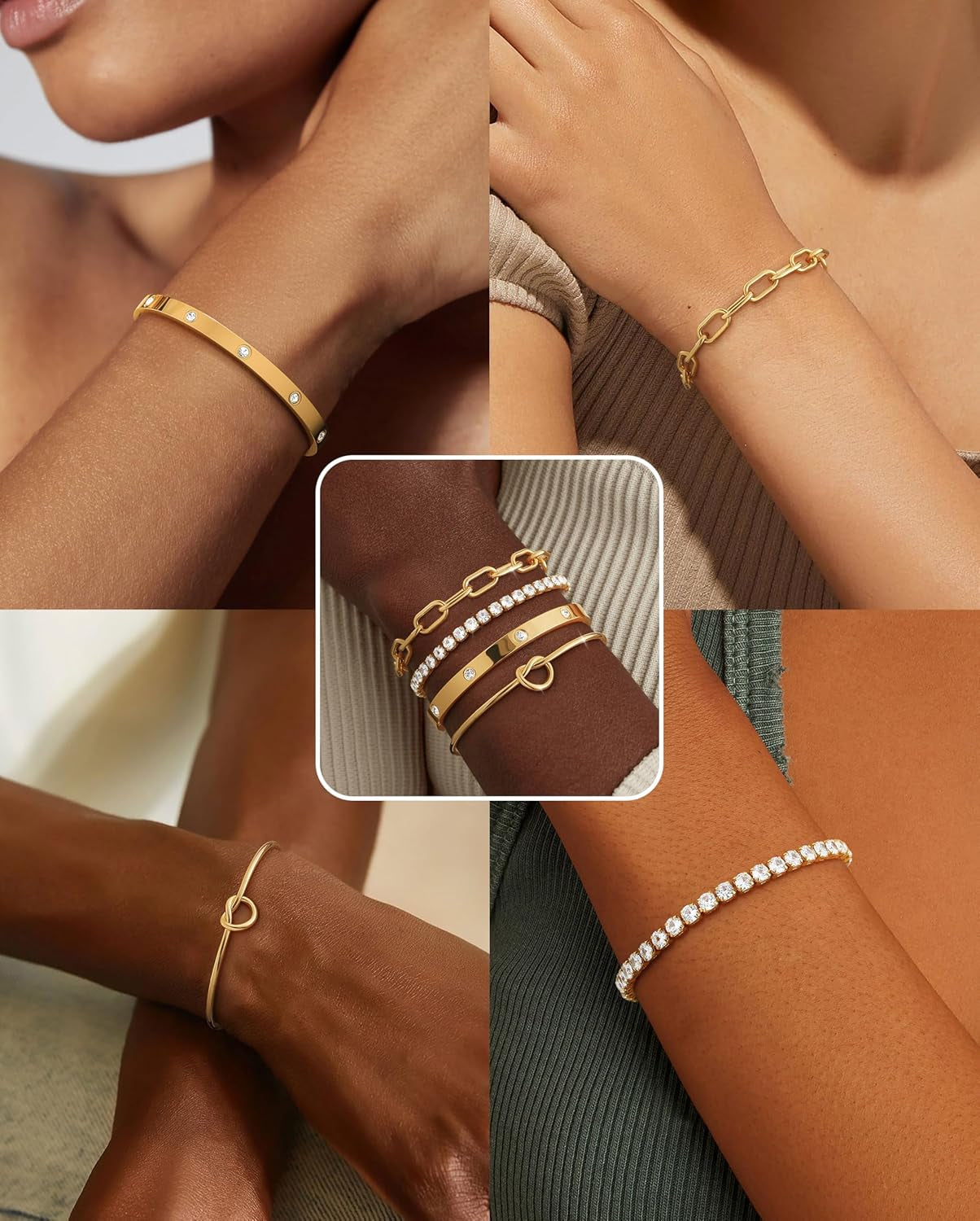KOHOTA Chunky Gold Bracelets for Women Non Tarnish 14K Gold Plated Cuff Bracelet Stack Trendy Love Bangle Bracelets Stackable Tennis Bracelet Set Tie Knot Cuban Paperclip Figaro Chain Jewelry Gifts