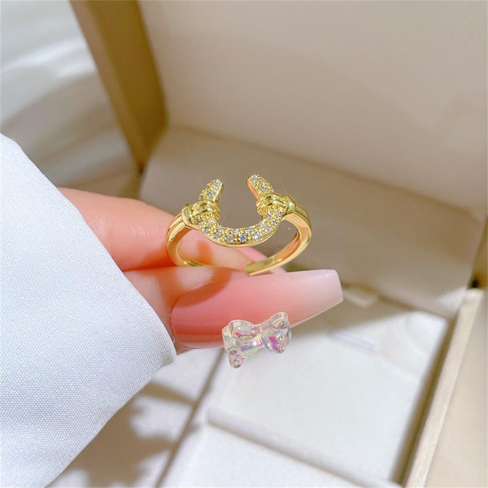 Dtja Dainty CZ Horseshoe Adjustable Ring for Women 14K Gold Plated Stainless Steel Crystal Love U Statement Open Band Finger Rings Comfort Fit Fashion Cute Birthday Anniversary Jewelry Gift