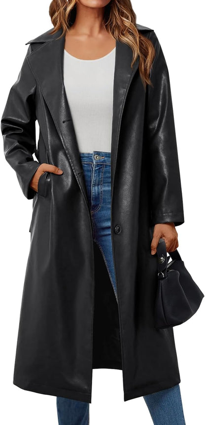 Trendy Queen faux leather trench coat on model showing full length