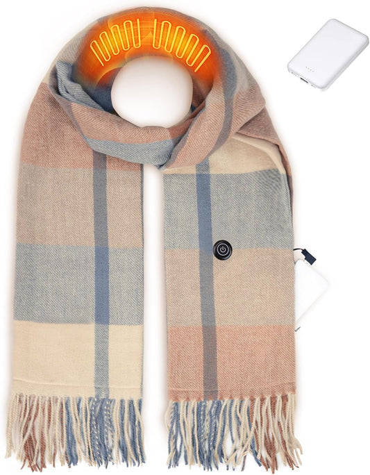 EN'DA Professional Heated Scarf for Women Rechargeable with Battery, 3 Levels Temperatures Control Winter Electric Scarf Khaki Plaid Design for Cold Weather