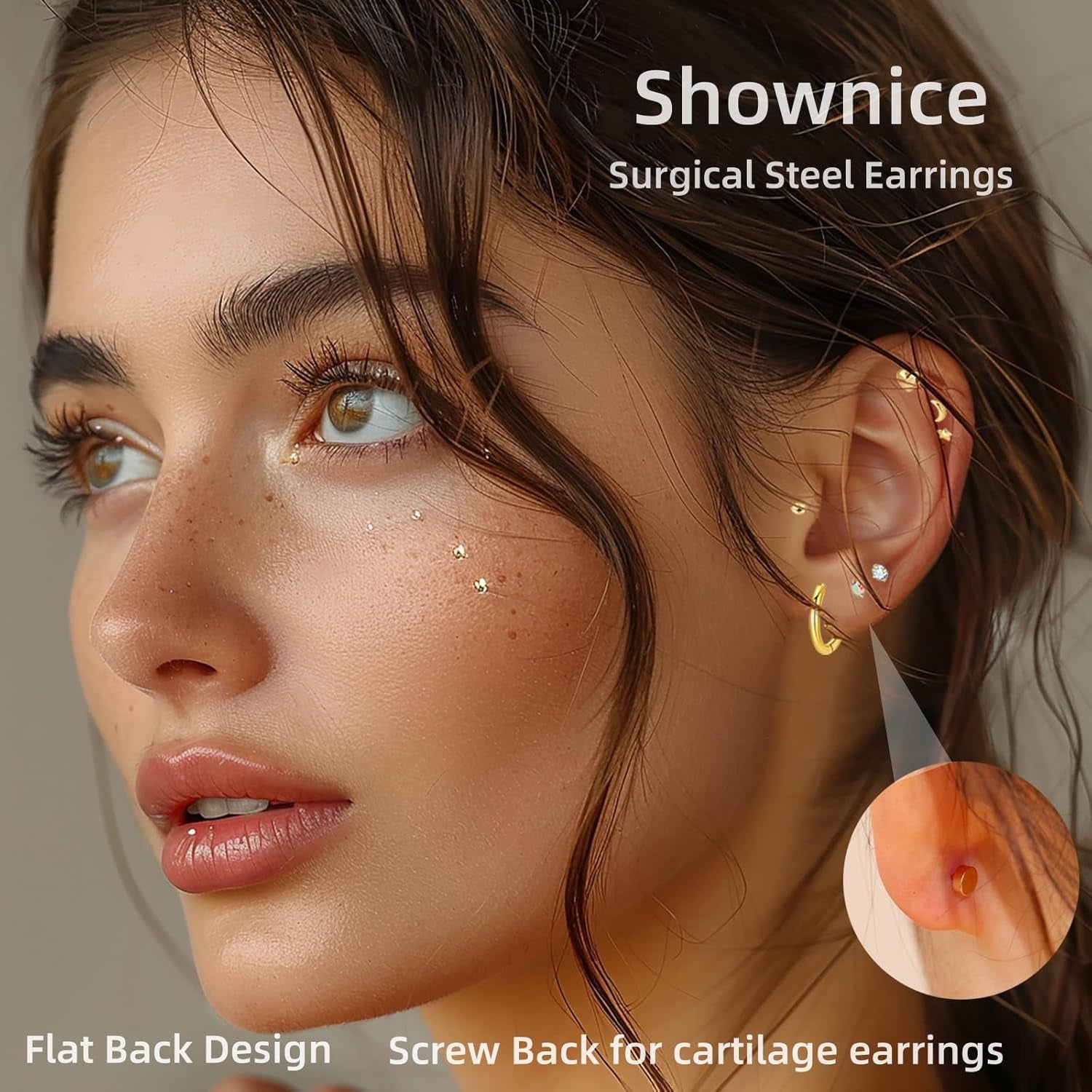 SHOWNICE Surgical Stainless Steel Flat Back Earrings for Women, Hypoallergenic Sleeping Stud Multiple Piercing Earrings Tiny Screw Back Cartilage Earring Sets