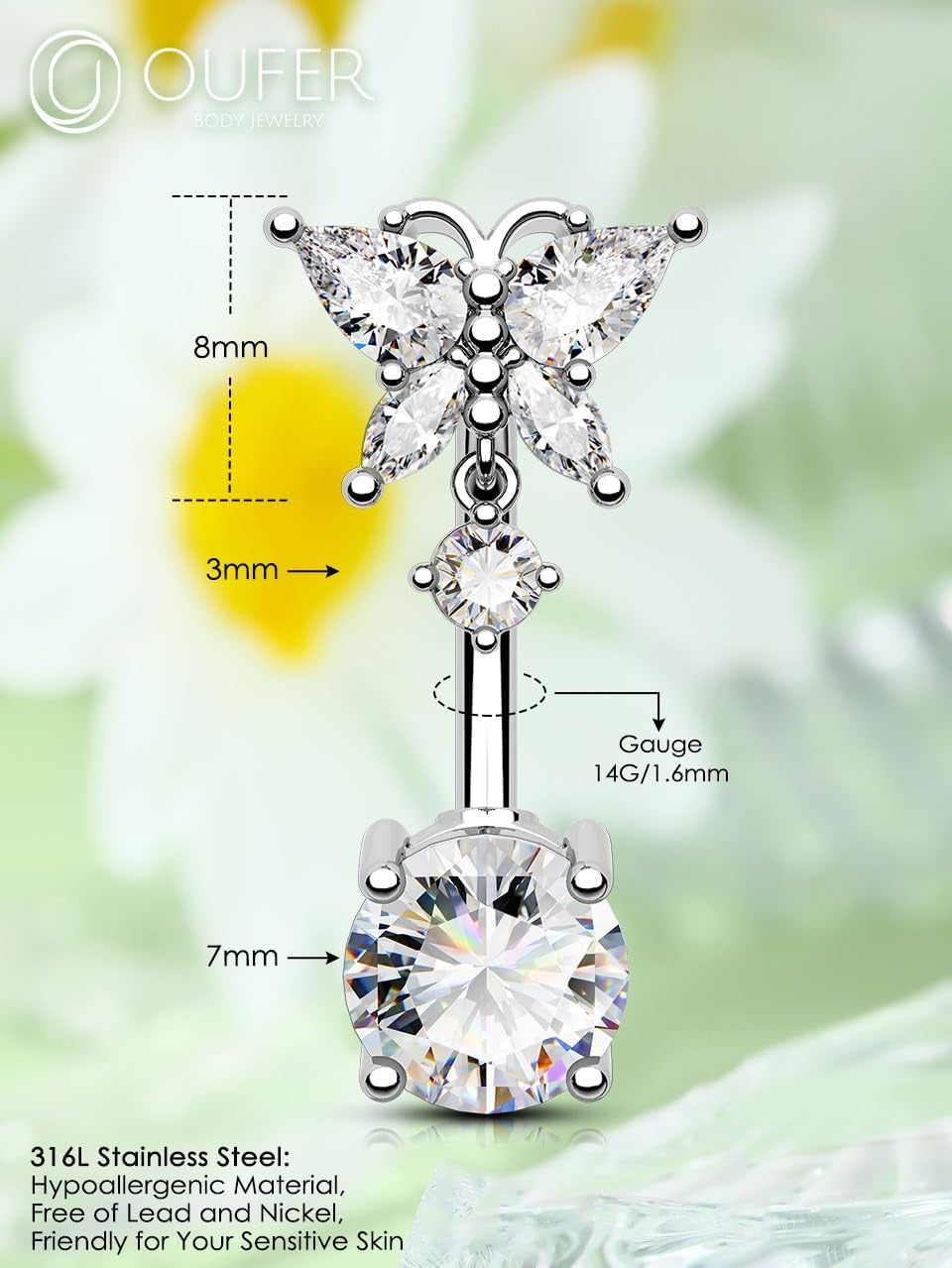 OUFER Belly Button Rings, Butterfly Belly Rings, 316L Surgical Steel Navel Rings, Clear CZ Belly Piercing Jewelry, Dangle Belly Rings for Women Men