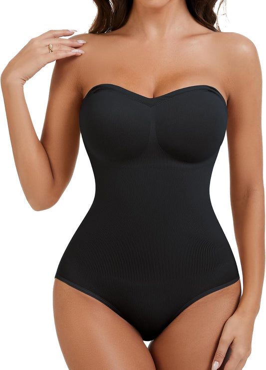 Strapless shapewear bodysuit with built-in bra front view