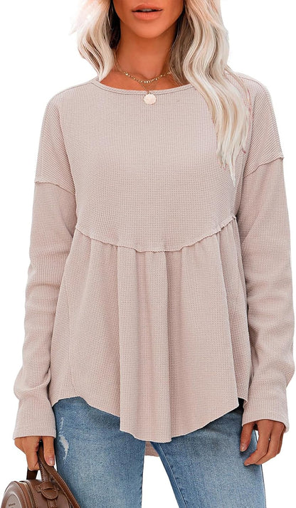 EXLURA Waffle Knit Long Sleeve Shirts for Womens Crewneck Loose Babydoll Tunic Tops Maternity Tops Fall Fashion 2025 Clothes