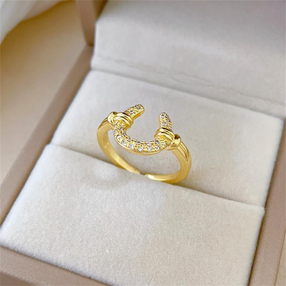 Dtja Dainty CZ Horseshoe Adjustable Ring for Women 14K Gold Plated Stainless Steel Crystal Love U Statement Open Band Finger Rings Comfort Fit Fashion Cute Birthday Anniversary Jewelry Gift