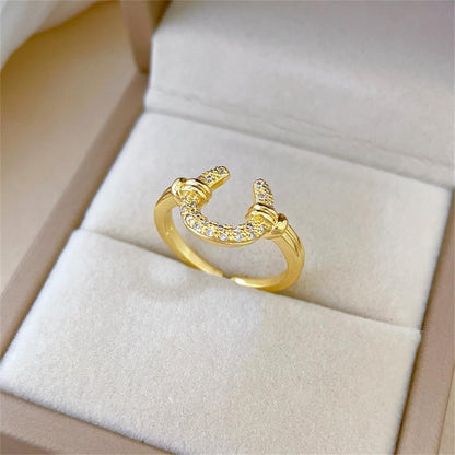 Dtja Dainty CZ Horseshoe Adjustable Ring for Women 14K Gold Plated Stainless Steel Crystal Love U Statement Open Band Finger Rings Comfort Fit Fashion Cute Birthday Anniversary Jewelry Gift