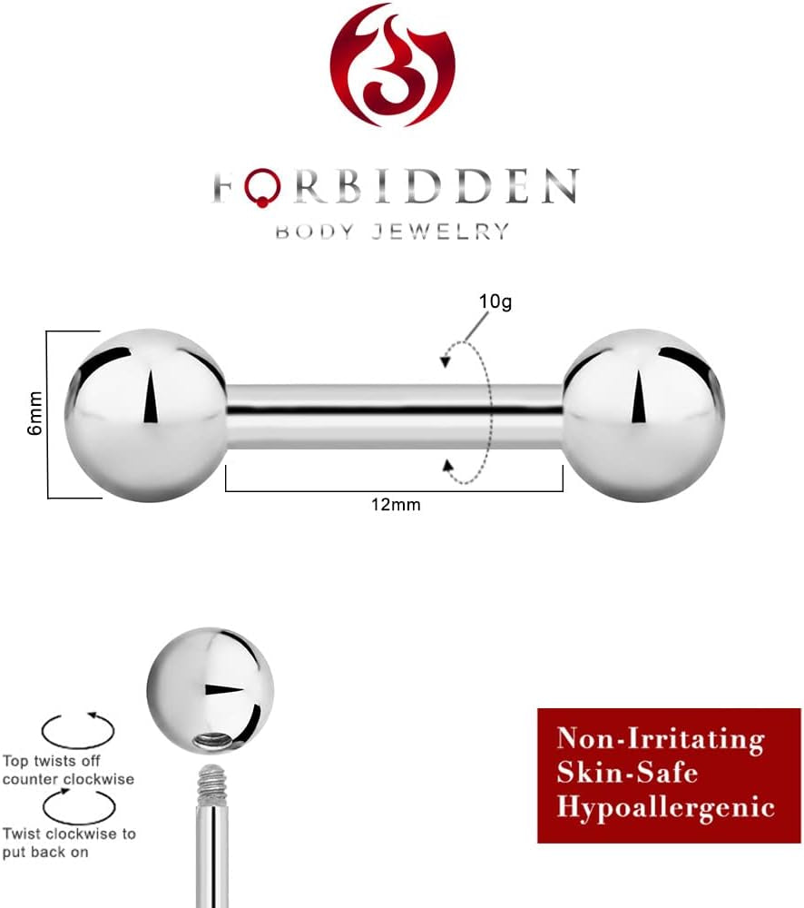 Forbidden Body Jewelry Nipple Barbell, Nipple Bars, Silver Nipplerings Piercing Surgical Steel 8G - 18G Straight Barbell Body Jewelry (Sold Individually)