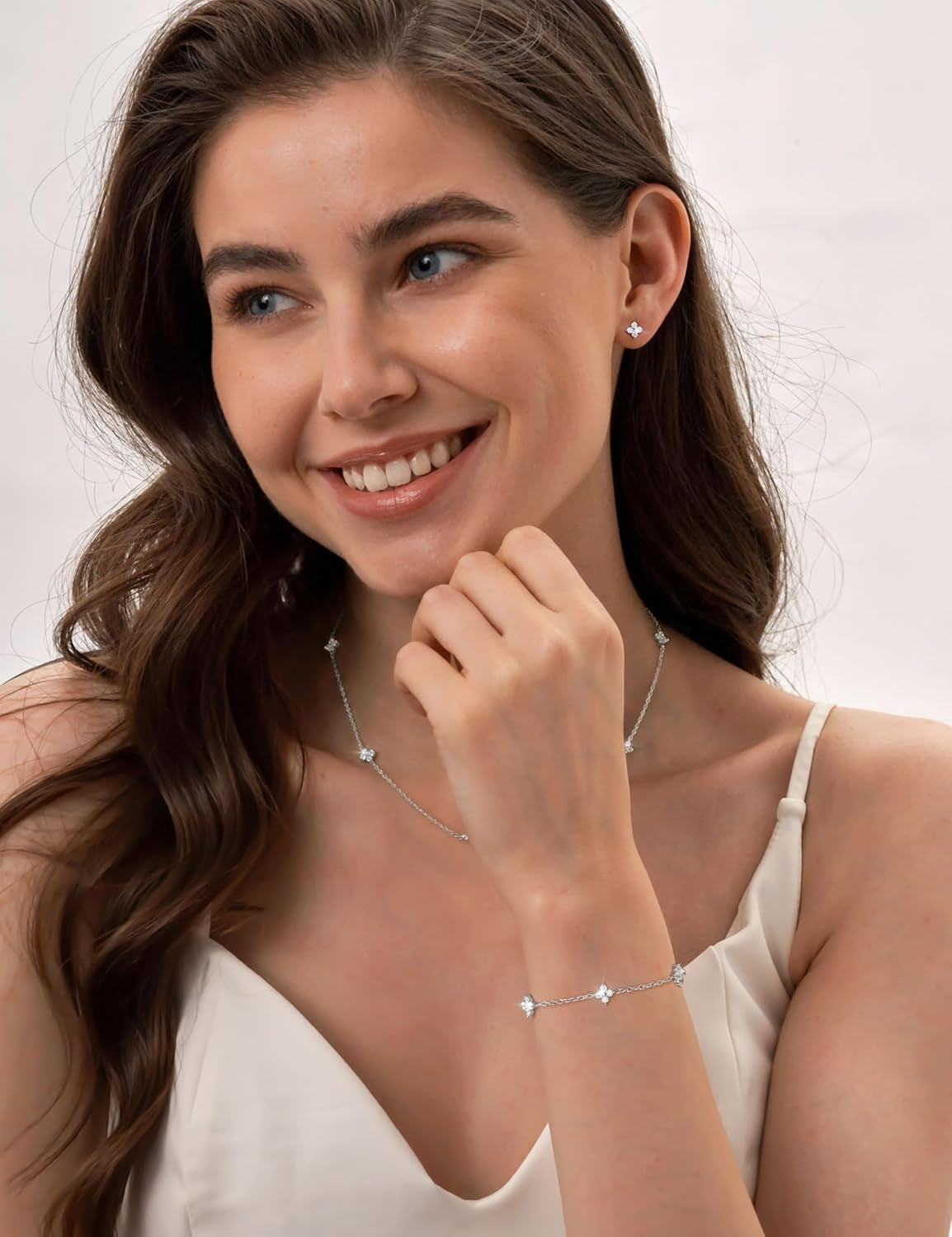 ORAZIO Dainty Silver Gold Jewelry Set for Women Trendy 14K Gold Plated CZ Flowers Pendant Choker Necklaces for Women Stud Earrings Clover Link Bracelets Stack Jewelry Gifts for Wedding Prom Brides