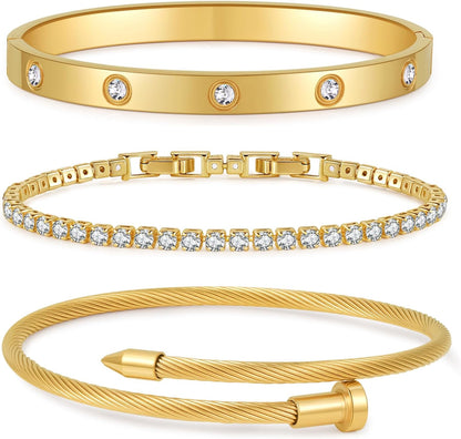 Gold Plated Bangle Bracelets for Women Stackable 18K Gold Plated Stainless Steel Love Bracelet Set Nail Cuff Bangle Set for Love Jewelry Adjustable Tennis Bracelet Non Tarnish Gift Jewelry