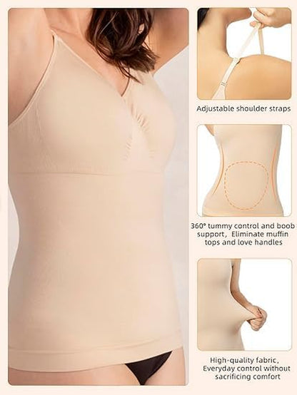 V-neck compression tank top shapewear front view fit demonstration